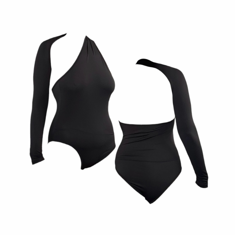 Asymmetric One-Shoulder Black Bodysuit